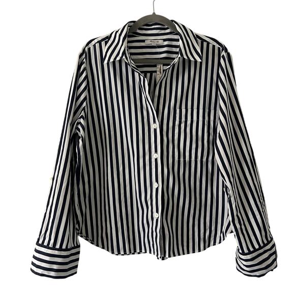 Madewell Women's Y-Neck Button Up Navy Striped Shirt Blouse L Large New - Picture 3 of 12